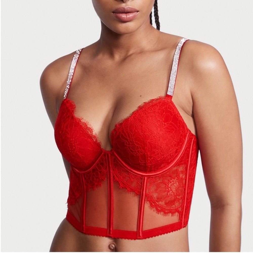Victoria's Secret Bra Very Sexy Push Up Lace Corset Top Size 34C Red Rhinestone
